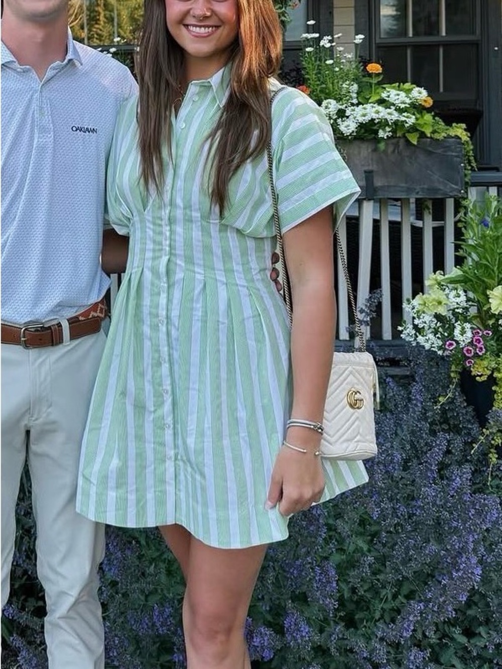 Slim-Fit Green & White Striped Mini Shirt Dress